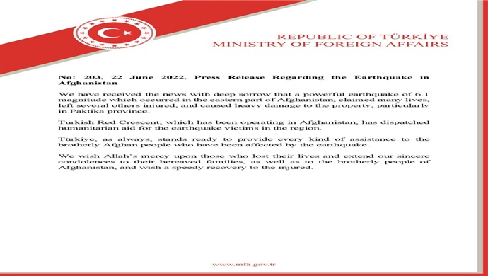 Press Release Regarding the Earthquake in Afghanistan