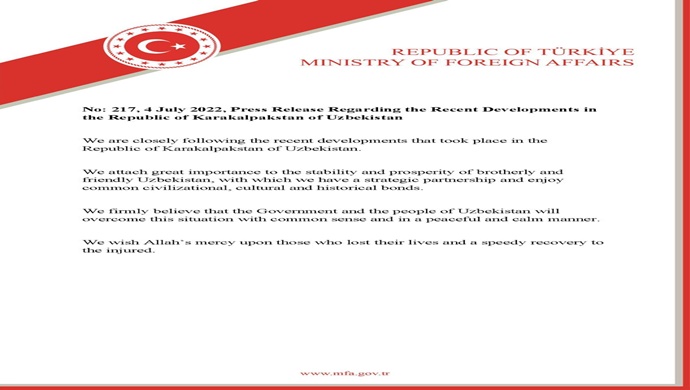 Press Release Regarding the Recent Developments in the Republic of Karakalpakstan of Uzbekistan We are closely following the recent developments that took place in the Republic of Karakalpakstan of Uzbekistan.