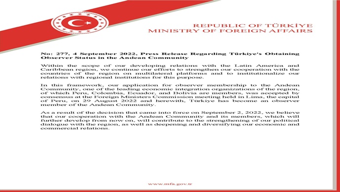 Press Release Regarding Türkiye’s Obtaining Observer Status in the Andean Community